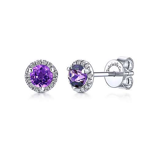 Gabriel &amp; Co. 14K White Gold Round Amethyst 0.06ct Diamond Halo Stud Earrings EG12372W45AM