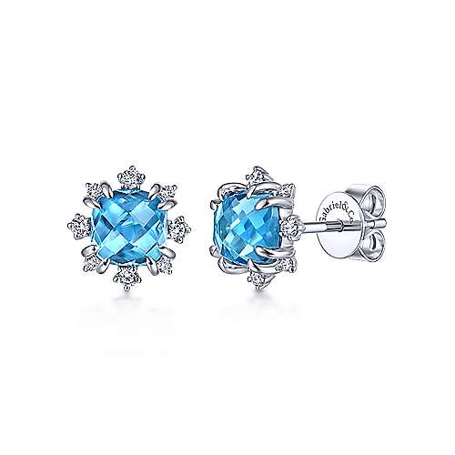 Gabriel &amp; Co. 14k White Gold Cushion Cut Swiss Blue Topaz 0.15ct Diamond Stud Earrings EG13684W45BT