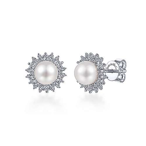 Gabriel &amp; Co. 14k White Gold Cultured Pearl Scalloped 0.42ct Diamond Halo Stud Earrings EG13692W45PL