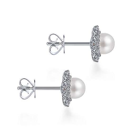 Gabriel &amp; Co. 14k White Gold Cultured Pearl Scalloped 0.42ct Diamond Halo Stud Earrings EG13692W45PL