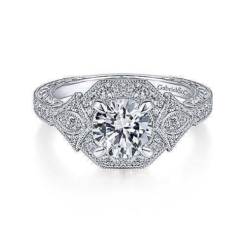 Gabriel &amp; Co Art Deco 14K White Gold Round Halo Diamond Engagement Ring  ER14440R4W44JJ