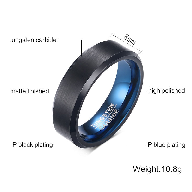 Tungsten Carbide 6mm Black with Blue Inside Mens Wedding Band Ring Size 11